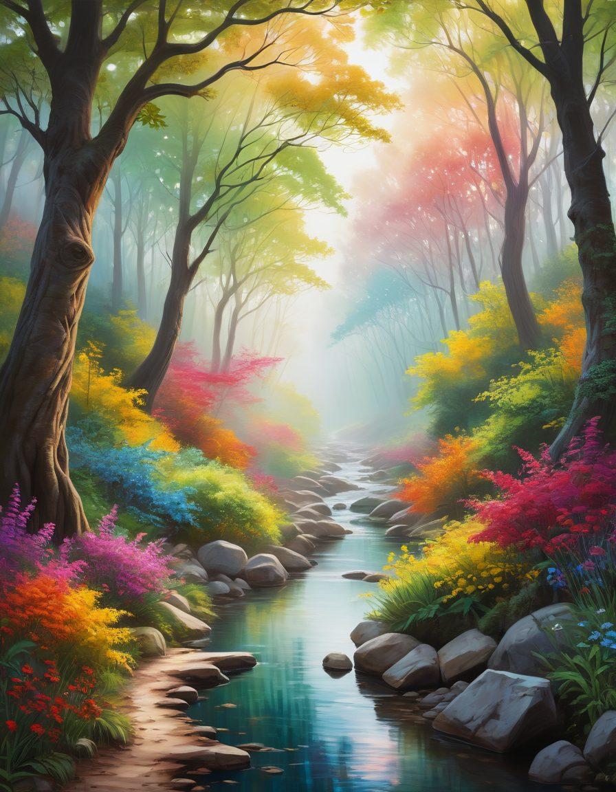 A surreal landscape symbolizing emotional intelligence: a serene path winding through a colorful forest, where trees are shaped like various emotions (joy, sadness, fear, etc.). On the path, silhouettes of diverse individuals engaging in deep conversation and reflection, surrounded by ethereal light representing insight and growth. A gentle river flows alongside, symbolizing the journey of understanding oneself. enchanted realism. vibrant colors. white background.