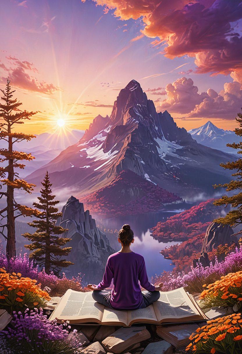 A serene landscape featuring a person meditating on a mountain peak, with vibrant rays of sunlight illuminating their figure. Surrounding the scene are symbolic elements like blooming flowers representing emotional growth and open books symbolizing knowledge and self-awareness. The sky is a calming gradient of sunset colors, enhancing a sense of tranquility. super-realistic. vibrant colors. 3D.