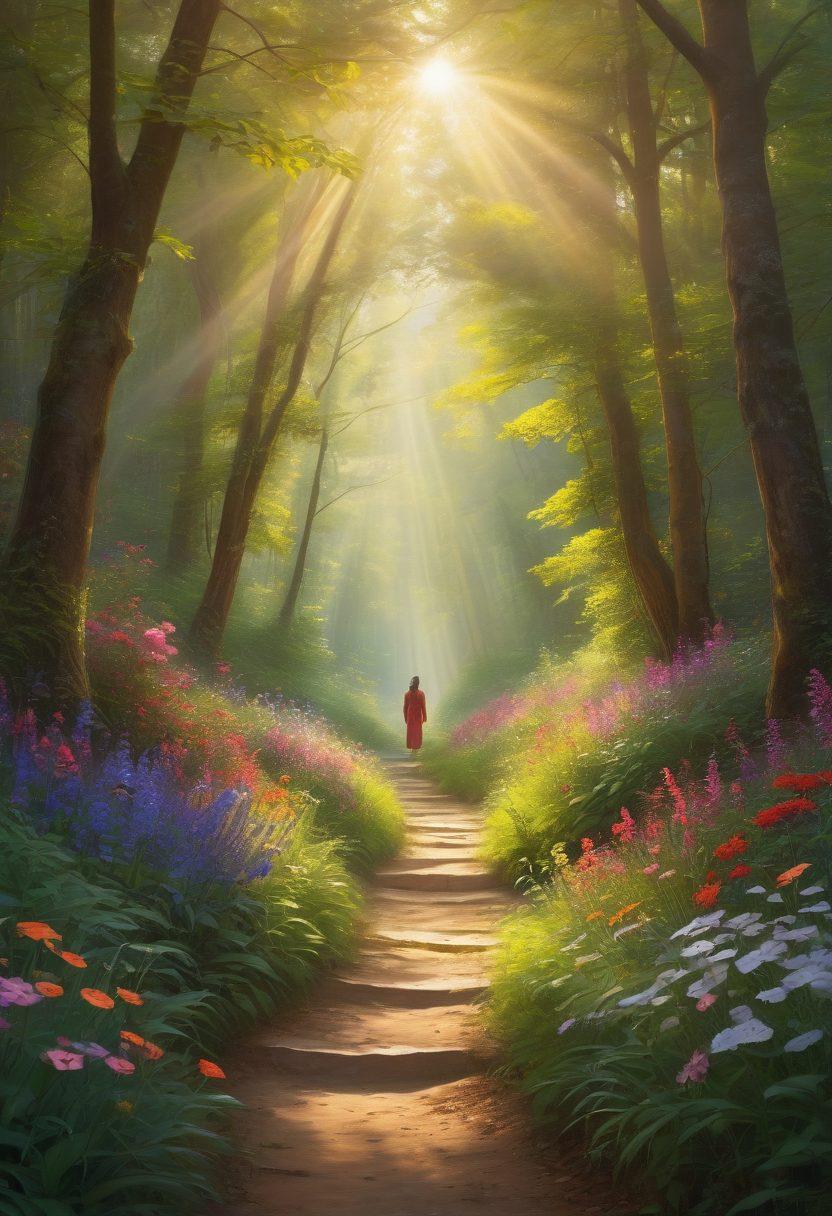 A serene landscape with a winding path leading through a lush forest, where a figure stands at a crossroads, symbolizing choices and self-discovery. Alongside, vibrant flowers represent blossoming emotions and growth. Soft rays of sunlight filter through the trees, illuminating the figure, evoking a sense of peace and introspection. The scene is infused with warm tones to enhance the feeling of emotional awakening. painting. vibrant colors. natural atmosphere.